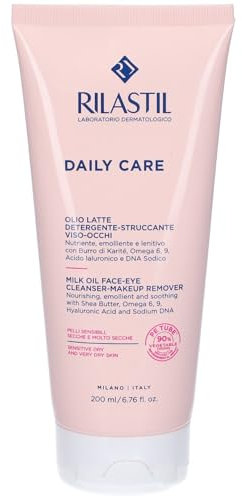 Rilastil Daily Care Olio Latte Detergente Viso e Occhi, Detergente Struccante Nutriente per Pelli Sensibili e Secche, Emolliente e Lenitivo con Burro di Karité, Acido Ialuronico, Confezione da 200ml