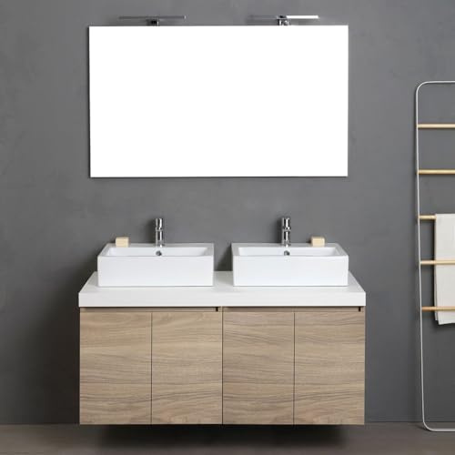Kiamami Valentina - Mobile bagno sospeso 4 ante rovere naturale, top bianco, 2 lavabi d'arredo e specchio con lampada | Valentina