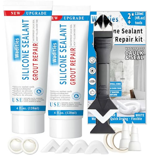 8Oz Sellador de silicona impermeable blanco, Wadities Kit de reparación de lechada de azulejos con raspador para quitar lechada, para baño, ducha, cocina, piso (4Oz, paquete de 2)