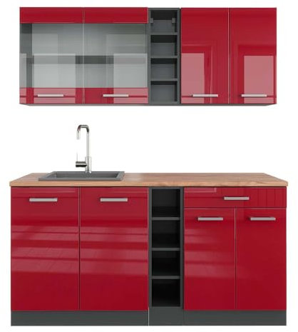 Vicco Singleküche R-Line, Rot Hochglanz/Anthrazit, 160 cm, AP Eiche