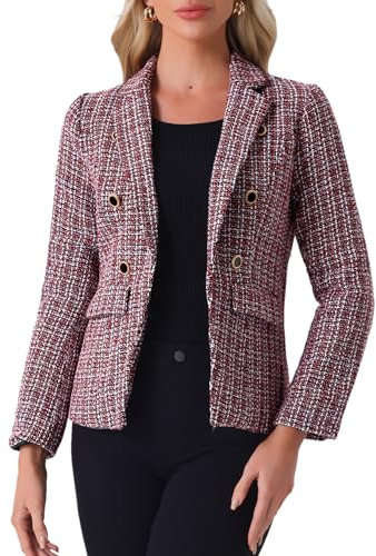 Allegra K Damen Elegant Plaid Jacke Langarm Open Front Tweed Blazer, rot / schwarz, M