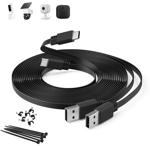 Itramax Flat USB A to Type C Charging Cord 30FT/2Pack,Extra Long USB C Power Extension Cable for Blink Outdoor 4/Mini 2K+,Ring Pan-Tilt Indoor Cam,Xiaomi Smart Camera C400,eufy SoloCam S340/S220,Black