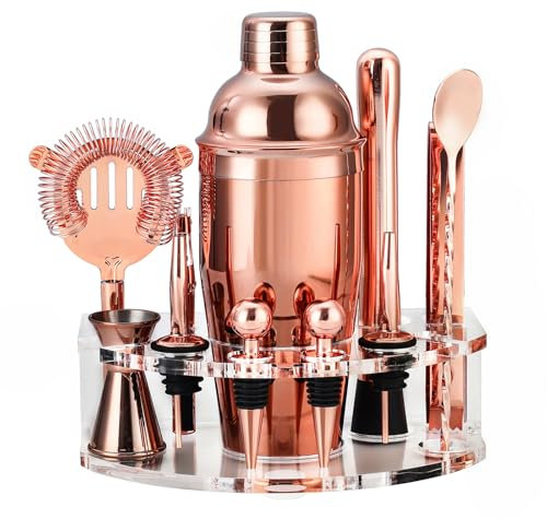 Kit Shaker à Cocktail avec Support, Kit Cocktail 12 Pièces en Acier Inoxydable avec Shaker Cocktail de 750ML, Doseur Cocktail Set pour Bar à Domicile, Fête, Mariage, Célébration (Or Rose)