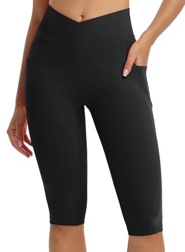 baleaf Damen Yoga Capri Leggings mit Taschen Sport Leggings High Waist Knielange Yogahose Kurze Radlerleggings Slim Fit Gym Casual Sommer Schwarz L
