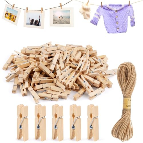 150 Stück Kleine Wäscheklammern 3.5cm mit 10m Juteschnur Kleine Klammern für Fotos Nachhaltiges Holz Holzwäscheklammern Natur Deko Kleine Holzklammern für Bilder, Postkarten, Zierklammern, Geschenke