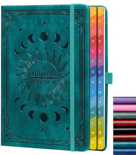 Carnet d'adresses avec onglets alphabétiques colorés (21,3 x 14,5 cm) – Organiseur de contacts à couverture rigide pour mots de passe de site Web, téléphone, licence de logiciel et informations