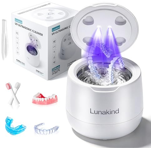 Ultrasonic Retainer Cleaner, 42kHz Dental Cleaning Pod per protesi dentali, Braces, Guarda bocca, Night Guard, Teste spazzolino da denti, gioielli, Aligner, Pulizia UV con 2 modalità, Timer digitale,
