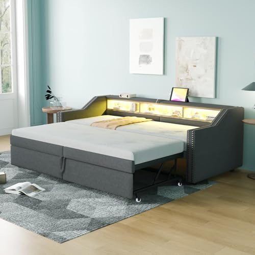 PUGSDRLY Canapé Lit Convertible 90/180x200cm avec Port USB et éclairage LED,Canapé Lit 2 Places Convertible avec Compartiment de Rangement,Sommier à Lattes,Tissu Lin,sans Matelas (Gris foncé, 200)