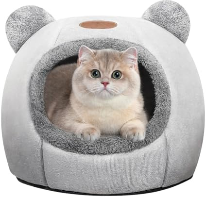Cat Beds for Indoor Cats, Cozy Cat Tent House Igloo with Ears, Soft Fluffy Kitten Cave with Removable Cushion, Foldable Warm Pet Bed for Small Cats & Puppies