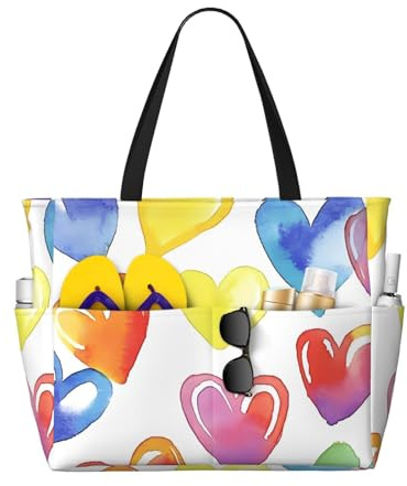 ZSUUGJ Borsa da spiaggia extra large a forma di cuore colorato con tasche con cerniera – Borsa impermeabile a prova di sabbia per piscina, picnic, palestra e viaggi