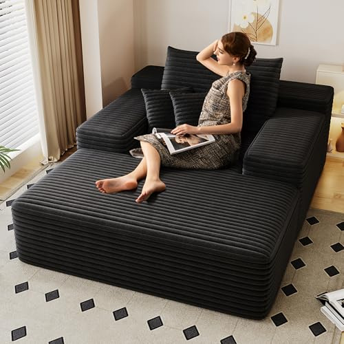 ANOKUNMP 68 Oversized Chaise Lounge Chair for Bedroom Living Room, Boneless Sofa Couch Sleeper Bed, Memory Foam Cloud Couches with Throw Pillows, No Assembly, Plush Corduroy (Black)