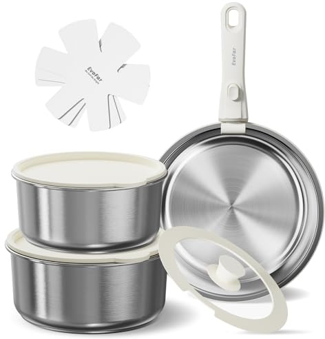 EvoFar kastrullset i rostfritt stål, 10 delar, kokkärlsset utan beläggning med avtagbart handtag, 24 cm stekpanna, 18/20 cm kastruller, stapelbar, för alla spishällstyper, diskmaskinssäker, ugnsäker