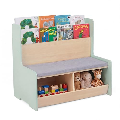 LIFEZEAL Libreria Montessoriana per Bambini, Scaffale per Bambini con Panchina Imbottita, 2 Livelli e 2 Scomparti Portagiocattoli, Portagiochi per Cameretta, Asilo Nido, per 3+ Anni (Verde)