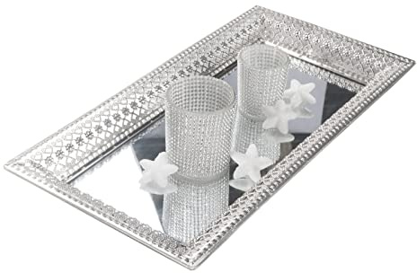 DRULINE 2 delar Uppsättning av spegelbricka – bricka dekorativ bricka – makeup Organizer – ljusbricka – smyckesbricka – kosmetisk bricka – B/H/T ca. 46/51 x 6 x 24/30 cm – metall silver/spegel –
