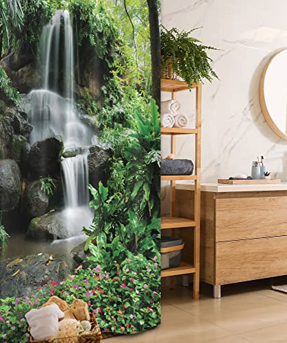 Ambesonne Waterfall Stall Shower Curtain, Waterfall Pond Flowers Tropical Plants Majestic Fresh Jungle Garden, Fabric Bathroom Decor Set with Hooks, 36 W x 72 L, Brown White