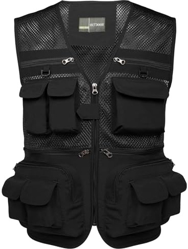 Flygo Men's Fishing Vest Utility Lightweight Outdoor Travel Safari Photo Cargo Vest with 16 pockets mesh Black M