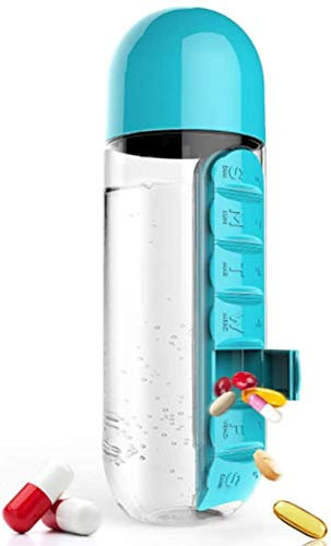ROSETOR Dispenser per pillole con bottiglia d'acqua, 7 scomparti, organizer giornaliero per anziani e persone speciali, capacità 600 ml