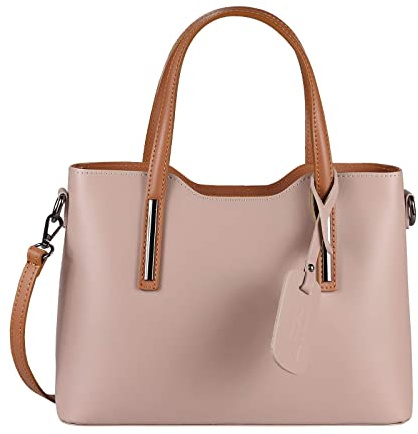 OBC Made IN Italy Damen Echt Leder Tasche Business Shopper Schultertasche Handtasche Ledertasche Umhängetasche Rindsleder Freizeittasche Altrosa-Braun