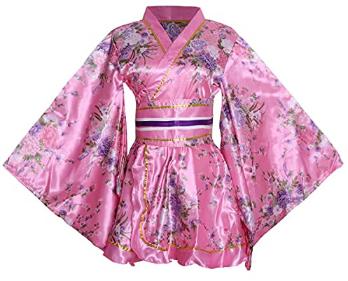 HUAHUA Womens Sexy Short Kimono Dress Floral Print Japanese Traditional Geisha Yukata Robe Bathrobe Skirt Belt Outfit (D02-Pink, One Size)
