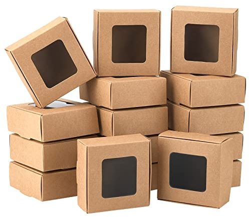 BENECREAT 28-pack 8,5 x 8,5 x 3,5 cm kraftpapperslåda med genomskinliga fönster, smyckeslådor i papper för festgåvor, bageriförpackningar
