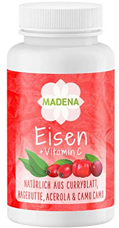 MADENA Eisen mit Vitamin C, natürliches Eisen hochdosiert 14mg aus Curryblatt und 3 verschiedene Vitamin C Quellen 80mg, aus Hagebutte, Acerola und Camu Camu, 120 Kapseln