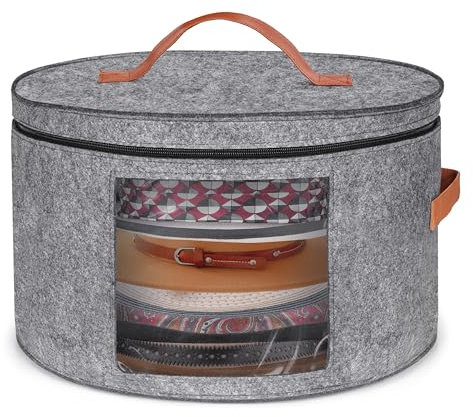 Winter Shore Scatola per Cappelli Rotonda Grigia - Cappelliera Pieghevole Grande con Cerniera, Finestra Trasparente e Manici in Pelle - Scatola in Feltro Antipolvere e Traspirante - 43 x 26cm