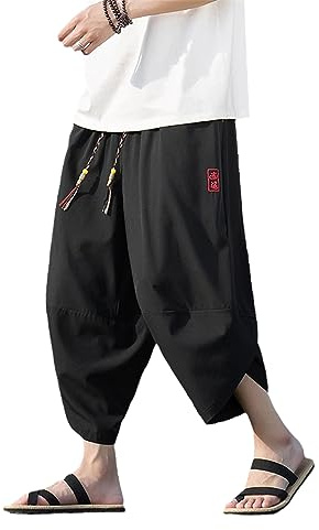 Japanese Kimono Traditional Shorts Men' Casual Loose Wide Leg Pants Retro Street Sweatpants Jogging s2 Black M