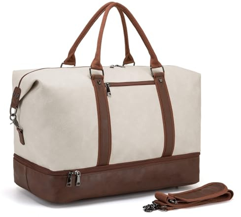 Borsone da viaggio per la notte, in tela, in pelle, borsa da weekend extra large, grande borsa da viaggio a mano, borsone da viaggio per uomo e donna, beige.