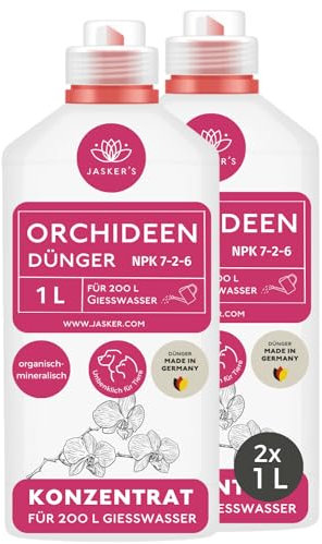 JASKER'S Orchideendünger flüssig 2 L - Orchideen Dünger Konzentrat - 100% Schnelldünger - Dünger Orchideen flüssig für 400 Liter Gießwasser - Wurzel & Blatt Flüssigdünger mit Langzeitwirkung