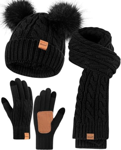 Winuesa Mütze, Schal & Handschuh-Sets für Damen, Beanie Mütze Damen Winter mit Bommel Fleece Gefütterte, Touchscreen Handschuhe Schal Mütze Damen 3 in 1 Geschenk Set(Schwarz)