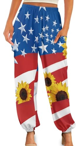 UNICEU Sunflower American Flag Lounge Harem Pants for Women Kung Fu Pants Tai Chi Pants Long Baggy Sports Loose Yoga Sweatpants
