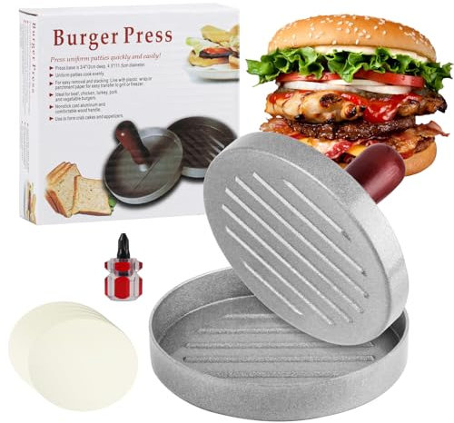 Burgerpresse, Hamburgerpresse, Burger Patty Presse, Burger Pattie Presse, Burger Patty Maker Form, Aluminium Antihaft Hamburger Patty Maker für BBQ Patties, mit 100 Silikonpapier, 1 Schraubendreher