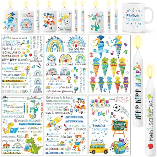 DPKOW 6 Blatt Kerzentattoos Schulanfang Wasserschiebefolie Kerzen Schulkind Kerzentattoos Einschulung Tischdeko Schulkind Schultüte Kerzentattoos Fußball Dinosaurier Raketen Kerzentattoos Jungen