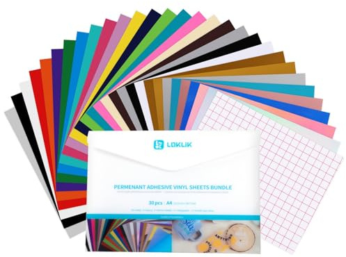LOKLIK Self Adhesive Vinyl Experience Bundle - 29 Sheets of A4 Vinyl with 1 Sheet of Grid Transfer Tape, Permanent Transfers for Signs, Decals & Crafts, Resistant to Outdoor Conditions & Washing