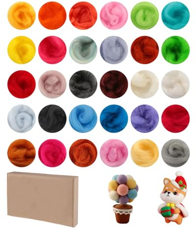 HJYDGJ Set di 30 lana di pecora naturale per principianti, 30 colori ciascuno da 10 grammi di lana di pecora, set di feltro, set di avviamento per principianti, progetti di artigianato con