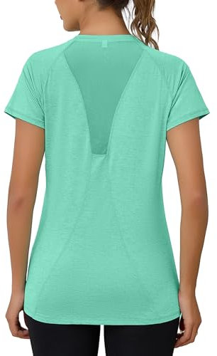 Gyabnw Women's Gym Tops Short Sleeve Crew Neck Back Mesh Cross Design Lightweight Quick Dry Gym Yoga T-Shirts Green
