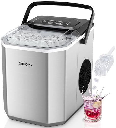 EUHOMY Máquina de hielo de 9 cubos en 6 min, 2 tamaños de cubos, máquina de hielo de acero inoxidable para encimera, 12 kg/día, color plateado, para el hogar, cocina, oficina, caravana