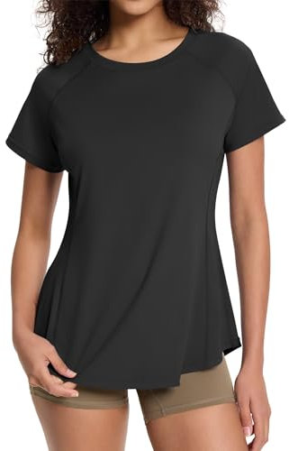 EFFAN Gym Top Women Running T-Shirt Workout Activewear Summer Sports Ladies Clothes Exercise Short Sleeve Moisture Wicking Clothing Black L