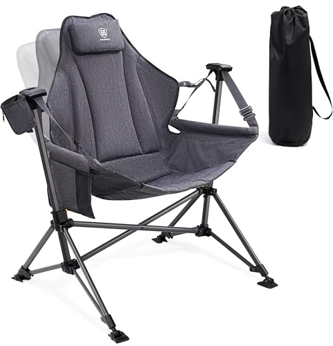 EVER ADVANCED Padded Hammock Camping Chair, Oversized Heavy Duty Swing Chair with Detachable Cup Holder, Portable Folding Rocking Camping Chair, Support Up to 400lbs, Grey