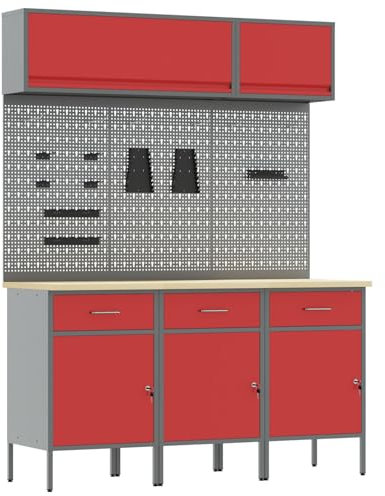 vidaXL Work Bench with Drawer 8 pcs Red 150 x 55 x 200 cm Steel, Workshop Storage Solutions, Tool Holder, Indoor Organizer Chest Cabinet Unit Drawer Rack