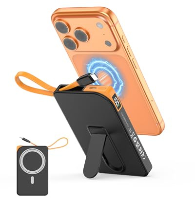 Powerbank Magsafe,10000mAh Power Bank iPhone Ricarica Rapida 22.5W a Cavo Integrato,Caricatore Portatile Magnetico con Display LED & Stand, Wireless Batteria Esterna per iPhone 17/16/15/14/13/12 Serie