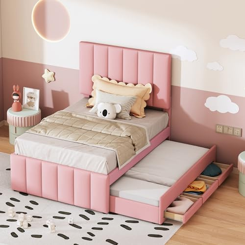 Oxtao Lettino imbottito per bambini, 90 x 200 cm, con letto estraibile e 3 cassetti, testiera regolabile, letto singolo per 2 bambini, letto per ragazzi con rete a doghe, lino (rosa, 90 x 200 cm)