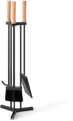 COSTWAY Kaminbestick, 4-delad öppen spis set med förklädeskrok, spade, kvast och stativ, ugnsbestick med trähandtag, kamintillbehör, modern, svart