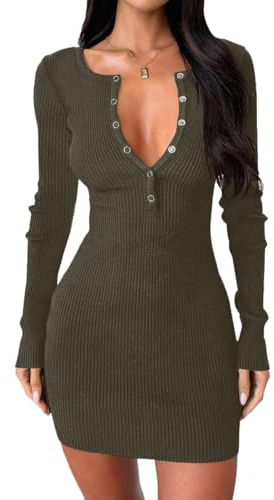 BONITEE Women Casual Sexy Long Sleeve Cocktail Bodycon Mini Sweater Dresses | Women Long Sleeve Sweater Dress 2026 Fall Sexy V Neck Button Down Bodycon Dresses Cocktail Party Knit Mini Dress