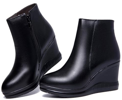 QIJOZXN Women's Leather Platform Wedge Ankle Boots with Side Zipper Fashion Round Toe Warm Fur Lined Black Casual Booties Fall Winter Comfortable Dress Shoes (Black,11)