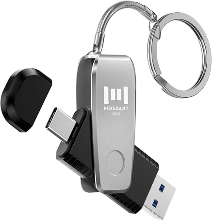 MOSDART 32GB USB 3.1 Type C 2 in 1 OTG Flash Drive with Keychain, for iPhone15,16,17, Android Phones, iPad, MacBook, and Laptops, Silver