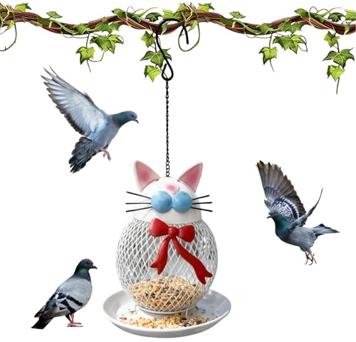 Mangeoire pour oiseaux anti-écureuils - Station d'alimentation métallique en forme de chat - Distributeur de nourriture pour oiseaux à suspendre - Pinsons bleus - Jardin - Cour, balcon, terrasse et