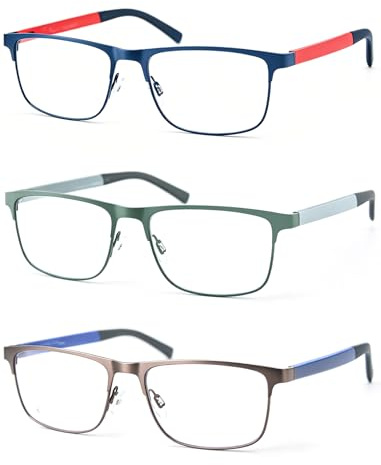 MODFANS 3-Pack Reading Glasses Men (Blue Light Blocking) Metal Frame Rectangle Style Stainless Steel Material Readers Glasses