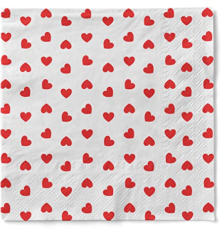 Sovie HOME Serviette LOVE aus 3-lagiges Tissue, 33 x 33 cm, 1/4 Falz, 20 Stück, Design rote Herzen auf weißem Hintergrund, Ideal für Geburtstage, Valentinstag, Verlobung