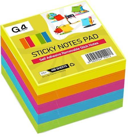 G4GADGET Sticky Notes Cube 400 Sheets - 76x76mm Neon Colors - Self-Stick Notes for Reminders, to-Do Lists & Messages - Strong Adhesive, Repositionable Sticky Notepads for Home, Office & School (1)